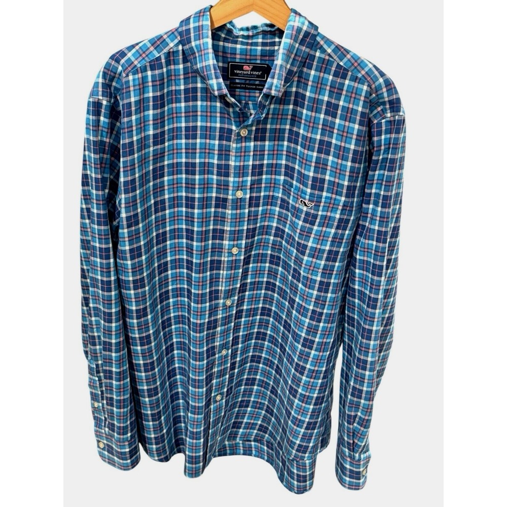 Vineyard Vines Performance Classic Fit Tucker Shirt‎ Large Mens Blue Plaid